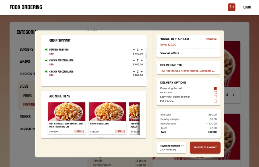 Screenshot of restaurant ordering website